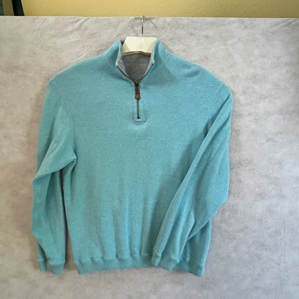 Cremieux Mens Pullover 1/4 Zip Sweater Aqua/Gray Casual Reversible Large‎